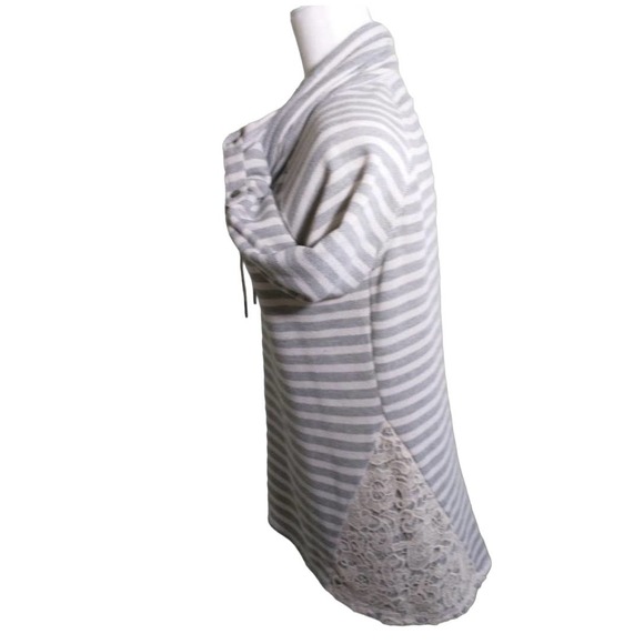 French Laundry Gray White Stripe Terry Longline Drawstring Neck Longsleeve top M - Picture 9 of 16